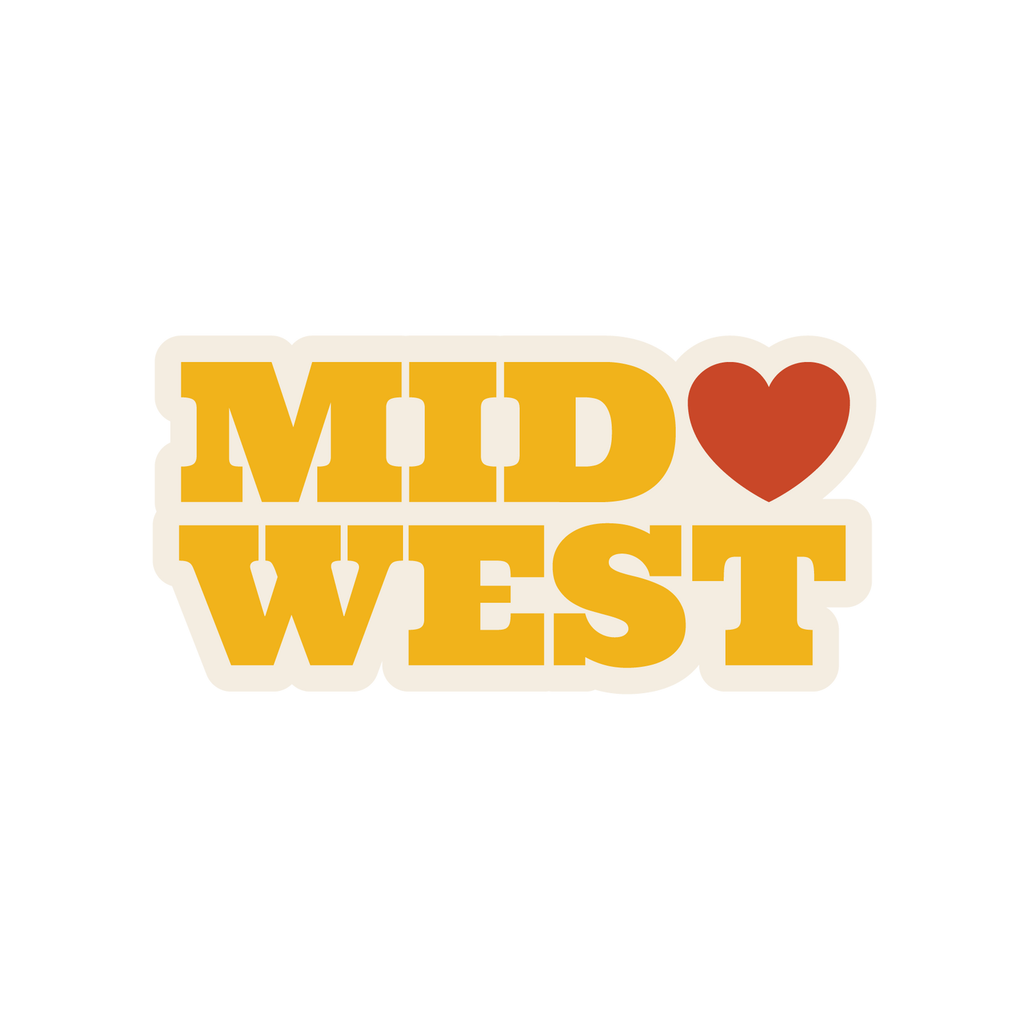 Sticker with 'MID WEST' text and a red heart on a white background