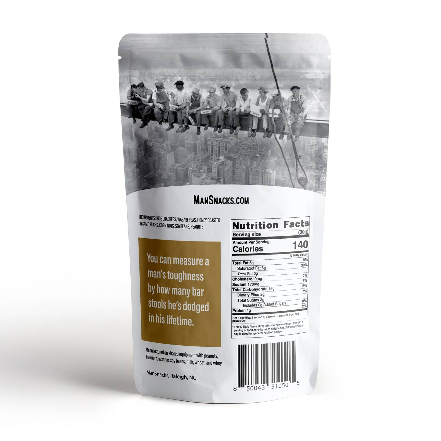 ManSnacks product packaging with a humorous quote and nutritional information on a white background