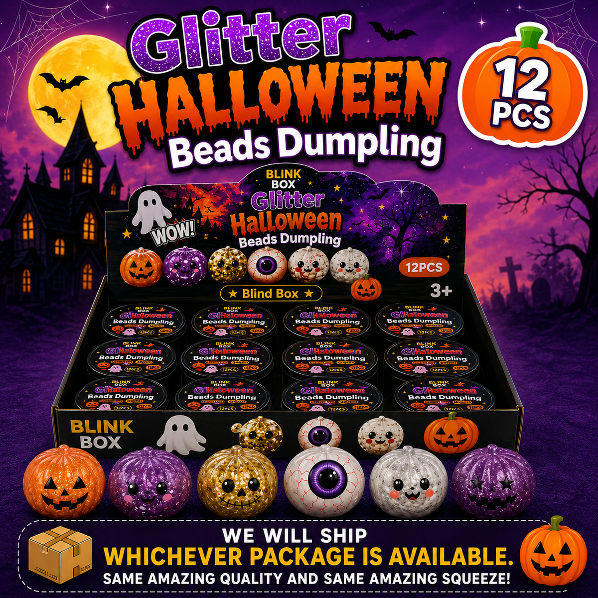 A Halloween-themed product display box labeled 'Glitter Halloween Beads Dumpling' with '12 PCS' in an orange circle. The box contains multiple small round blind boxes of beads, and several example beads are displayed in front.