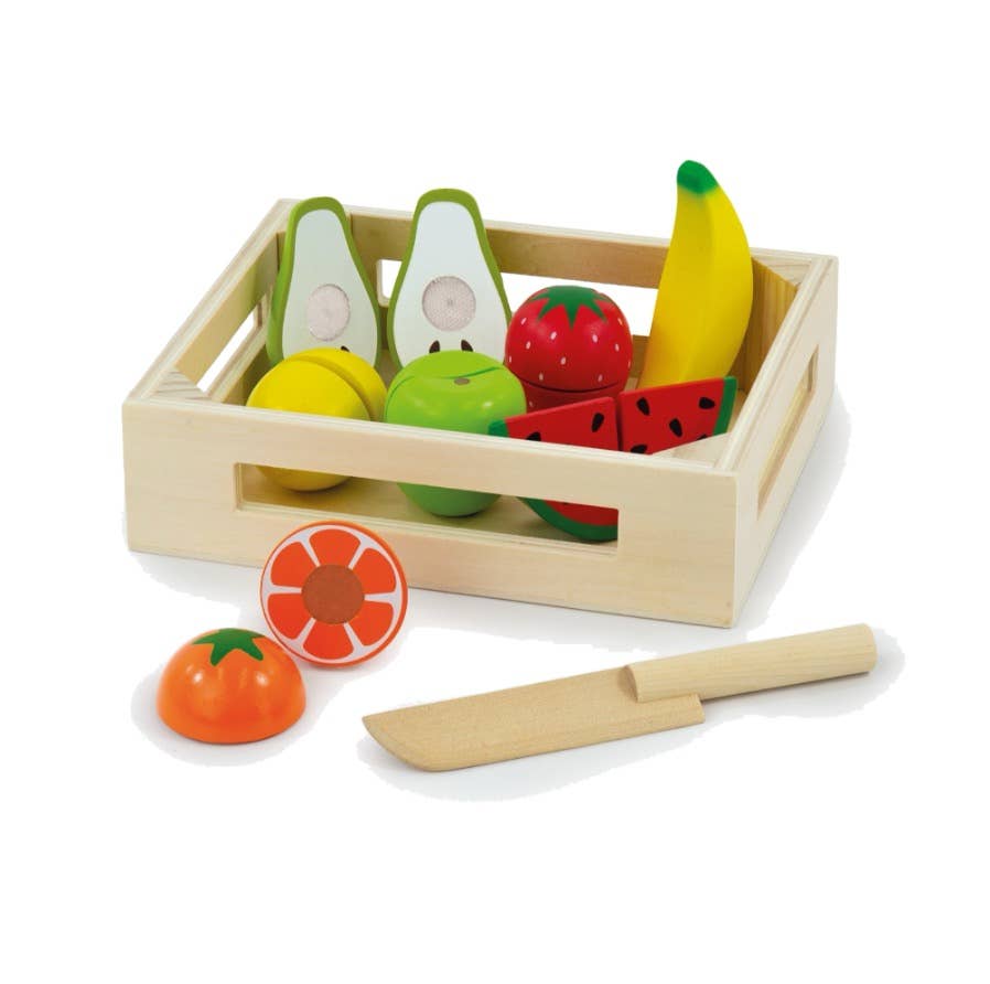 Wooden toy fruit set with crate, knife, and fruits on a white background
