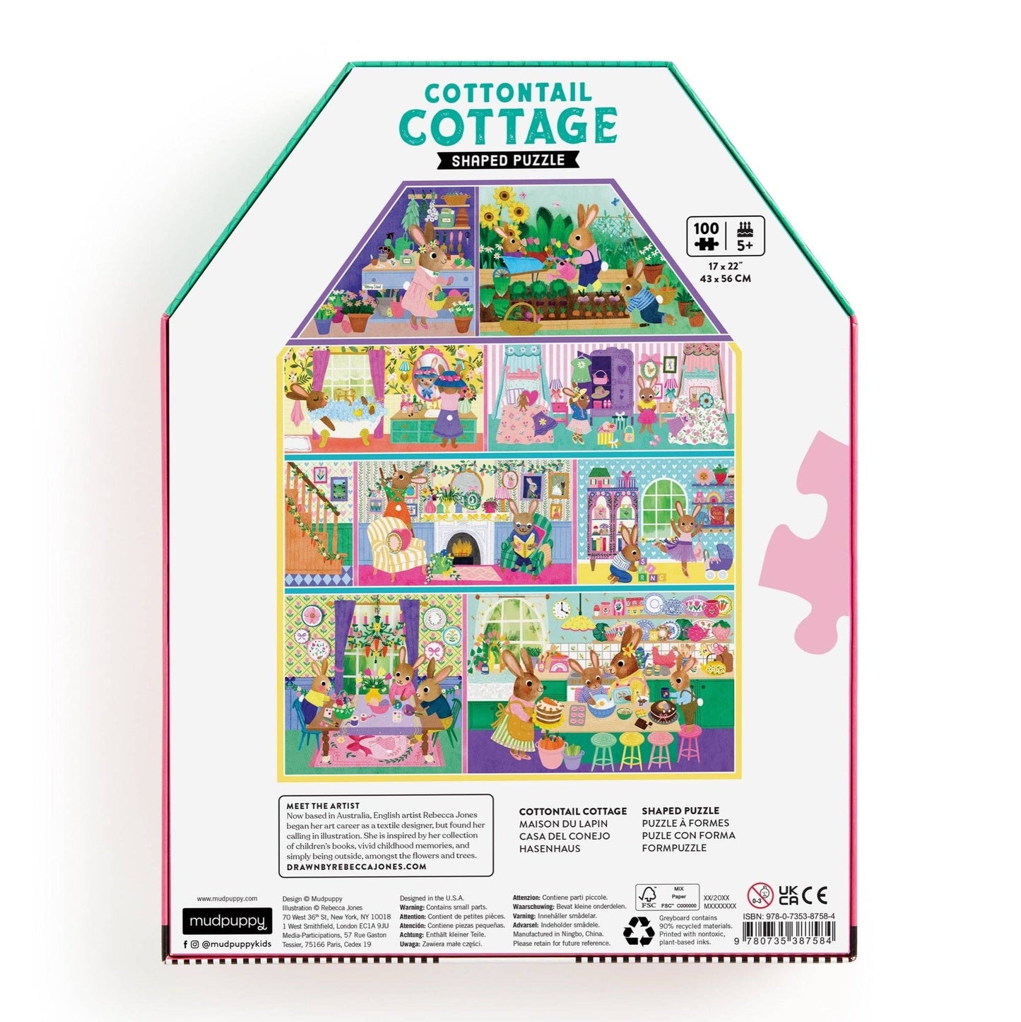 Cottontail Cottage shaped puzzle packaging with colorful illustrations of a house.