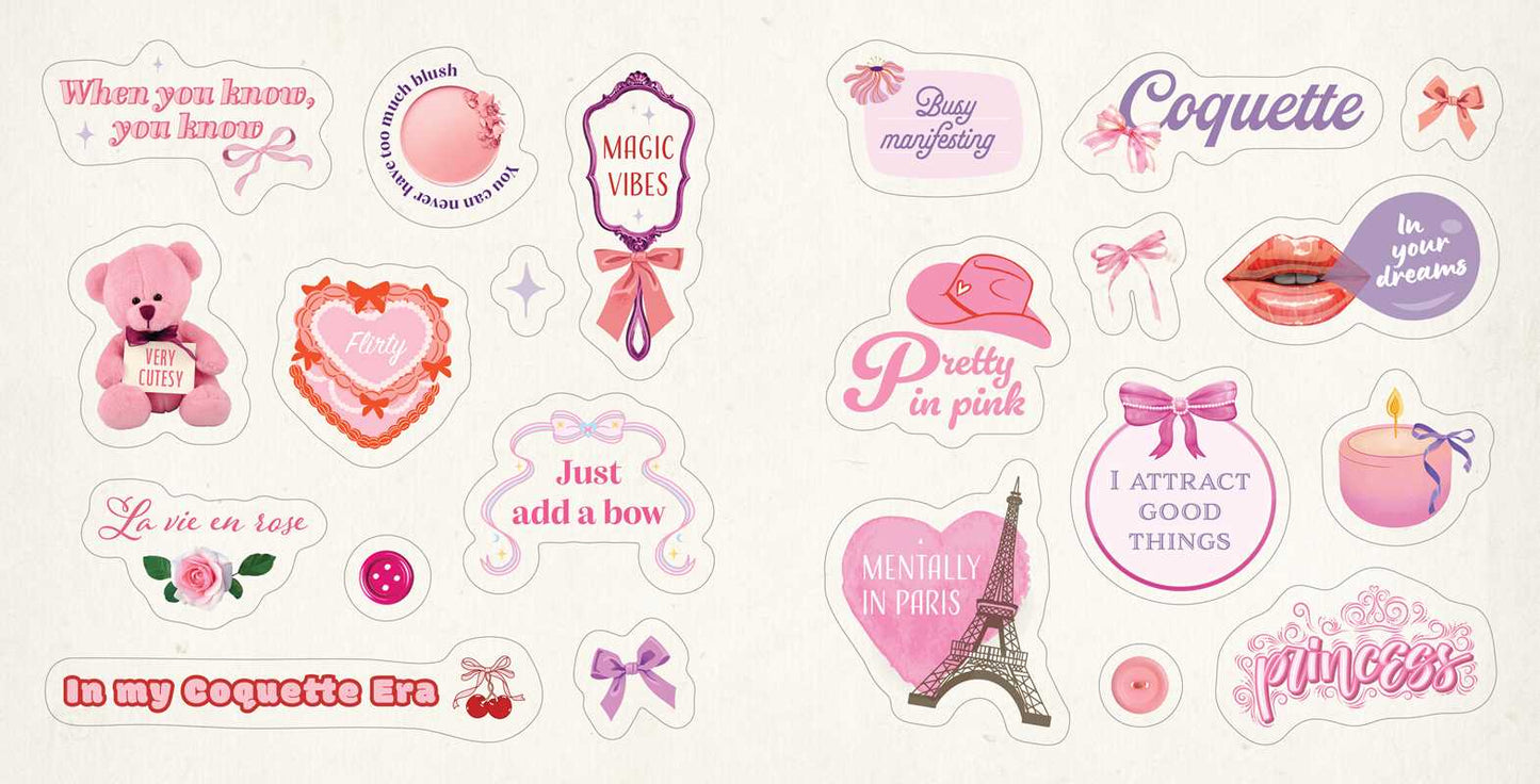 Collection of pink and purple stickers with various designs and text like "Coquette", "Flirty", "Princess" on a white background