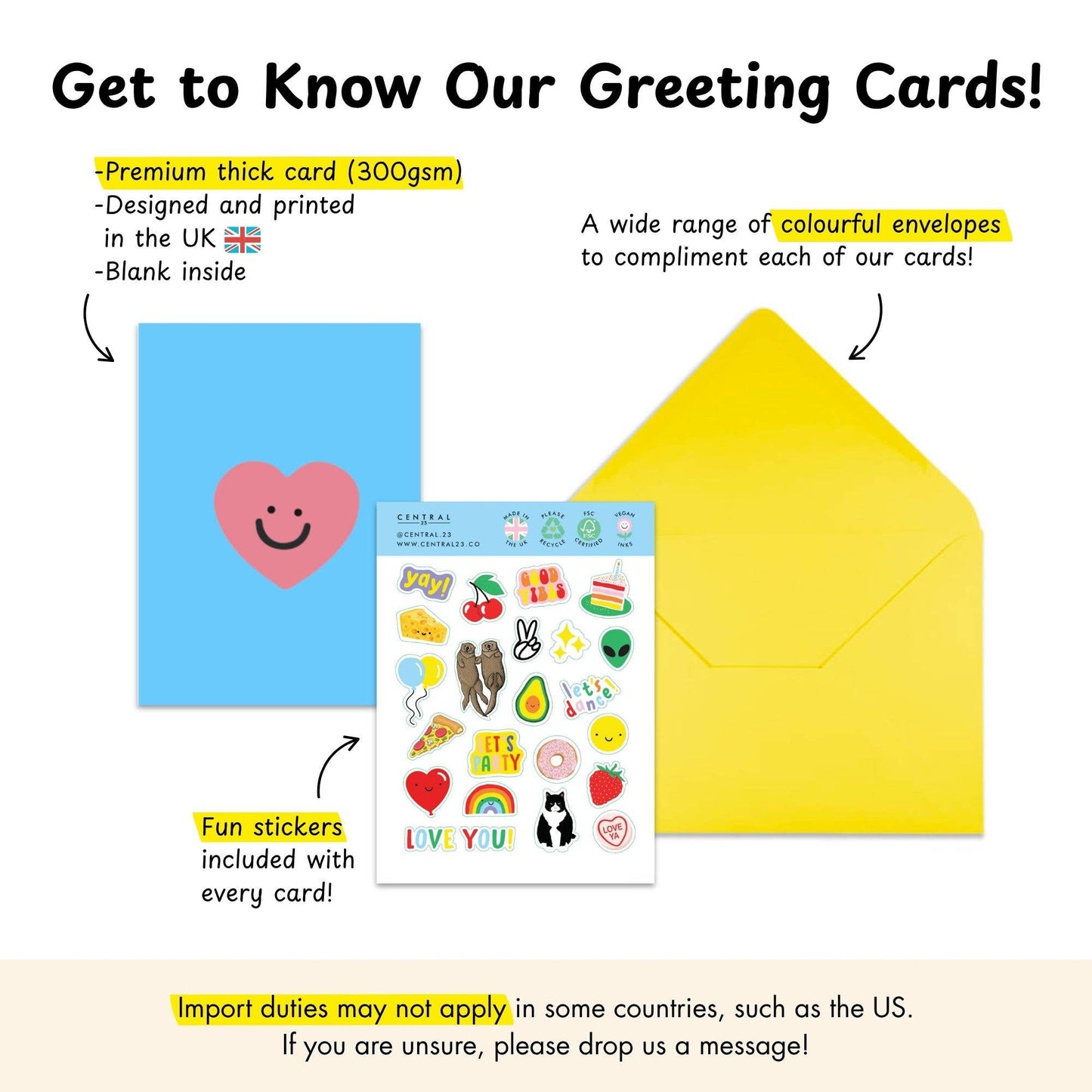 Greeting card with smiley heart, yellow envelope, and stickers on a white background