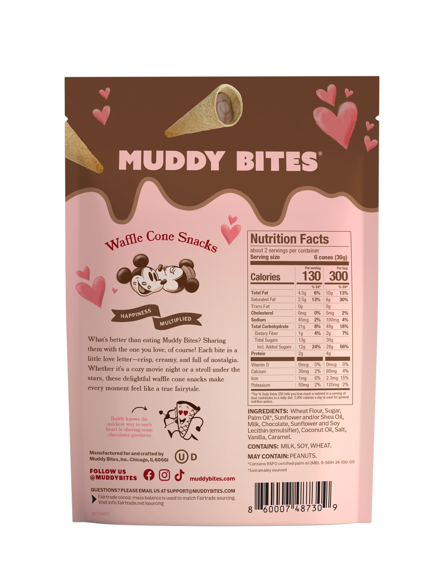 Muddy Bites waffle cone snacks packaging with nutrition facts and ingredients list.