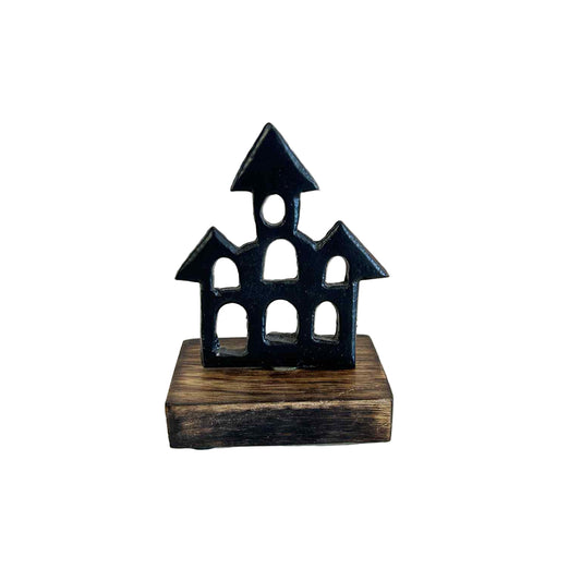 Small Black Metal House on Stand
