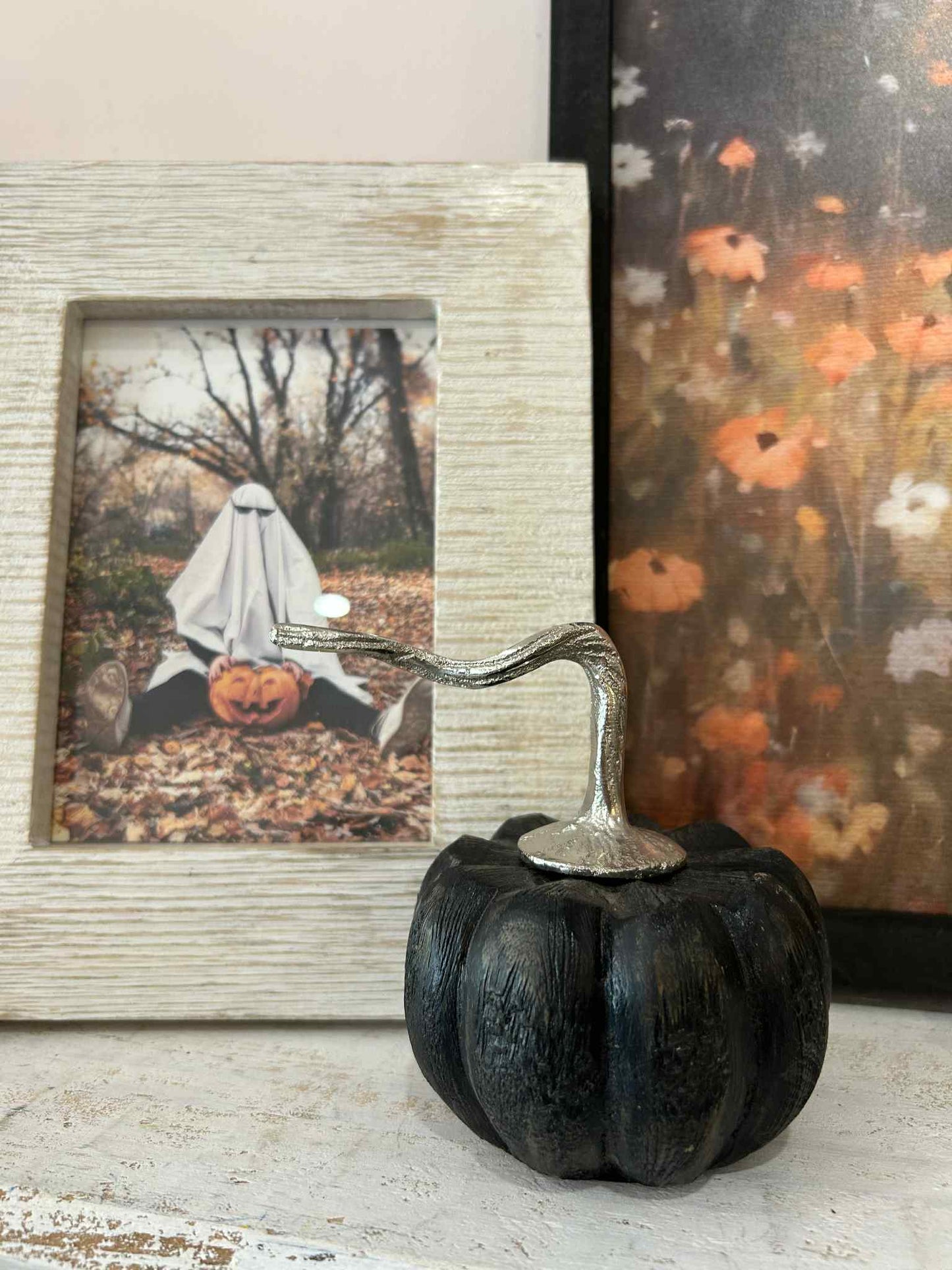 Black Wooden Pumpkin with Silver Stem