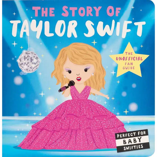 Book cover of 'The Story of Taylor Swift' with a cartoon character in a pink dress on a blue background.