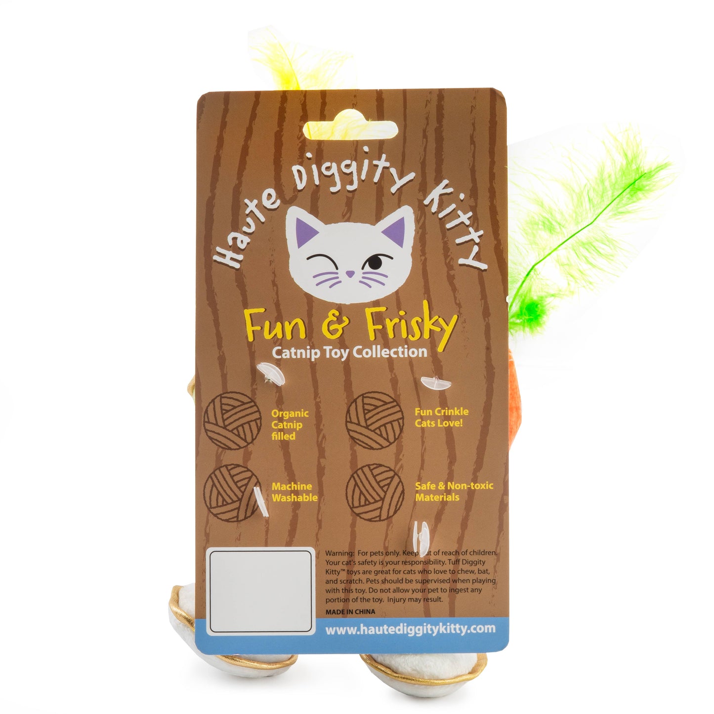 Catnip toy packaging with 'Haute Diggity Kitty' branding on a white background