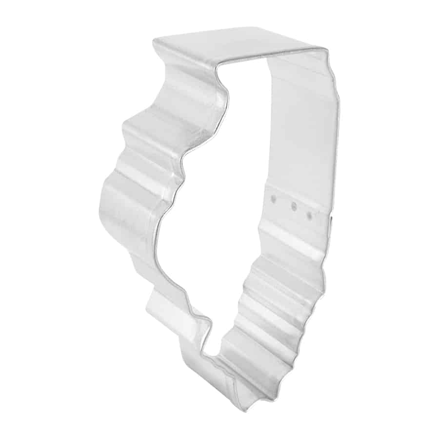 Metallic cookie cutter shaped like a wavy line on a white background