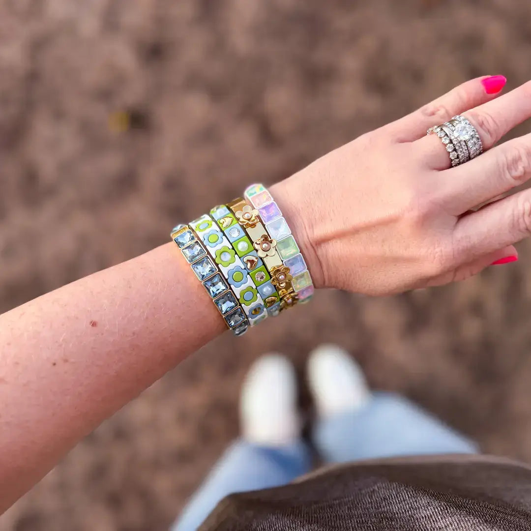 Enamel Stretch Bracelet- Poppy White w/ Rainbow