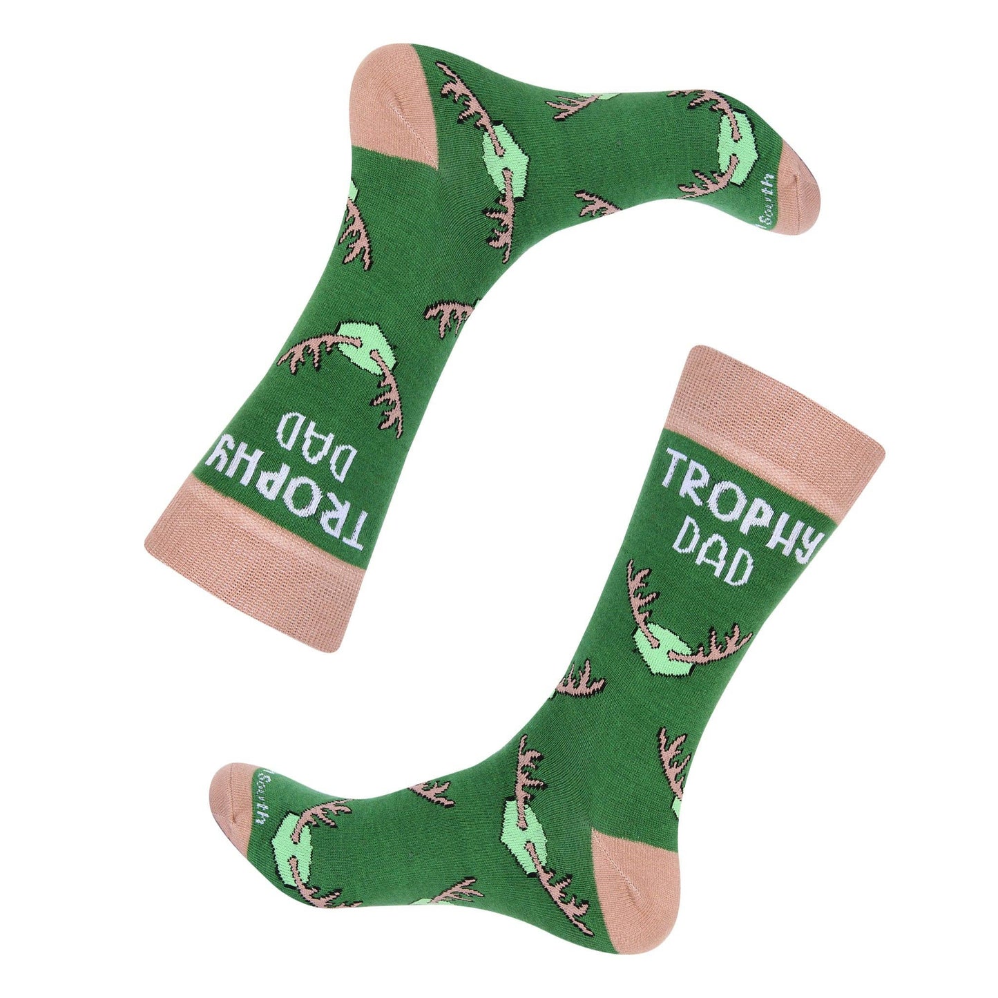Green socks with 'Trophy Dad' text and antler pattern on a white background