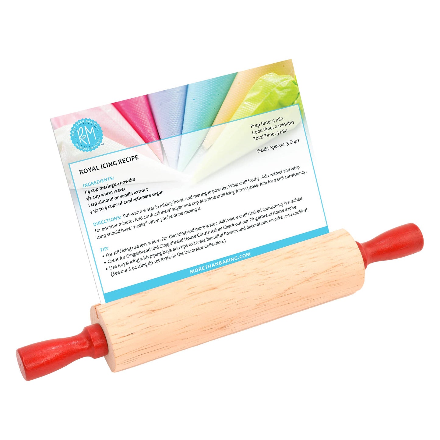 Wooden rolling pin with red handles and a recipe card on a white background