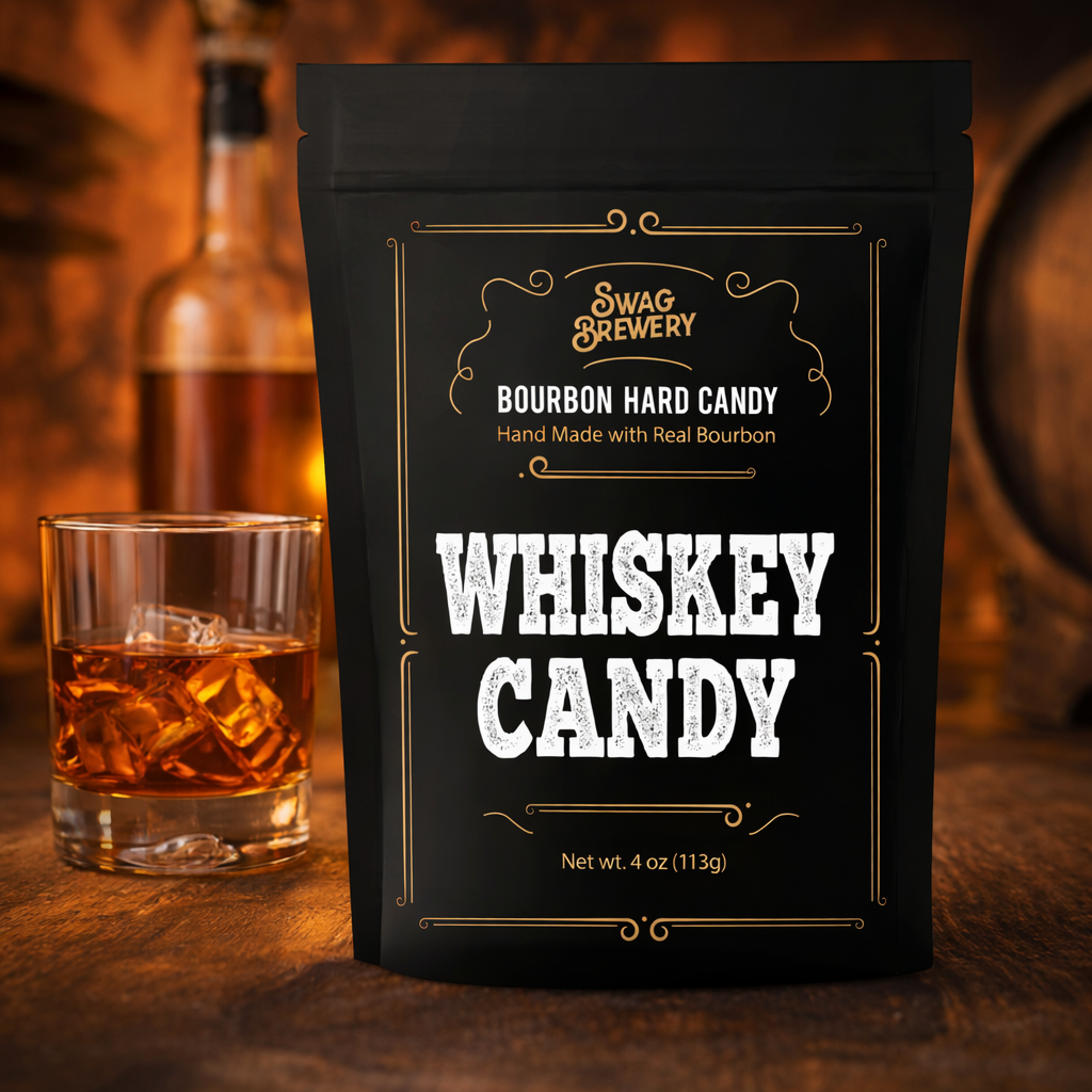 Swag Brewery Whiskey Candy package with a glass of bourbon and barrel in the background