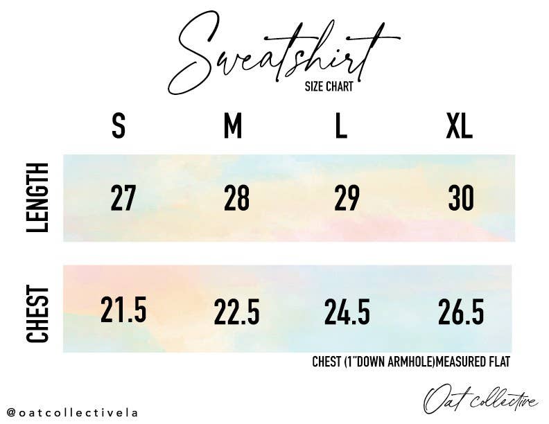 Sweatshirt size chart with length and chest measurements on a white background