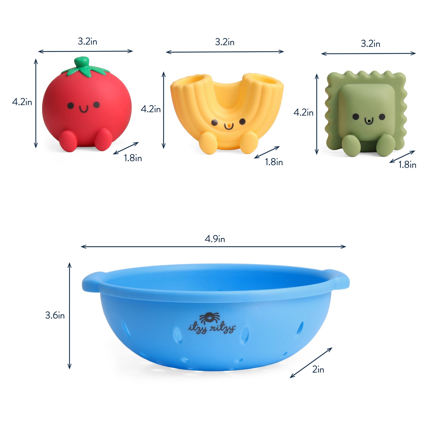Set of three small bath toys with dimensions and a blue colander with measurements on a white background.