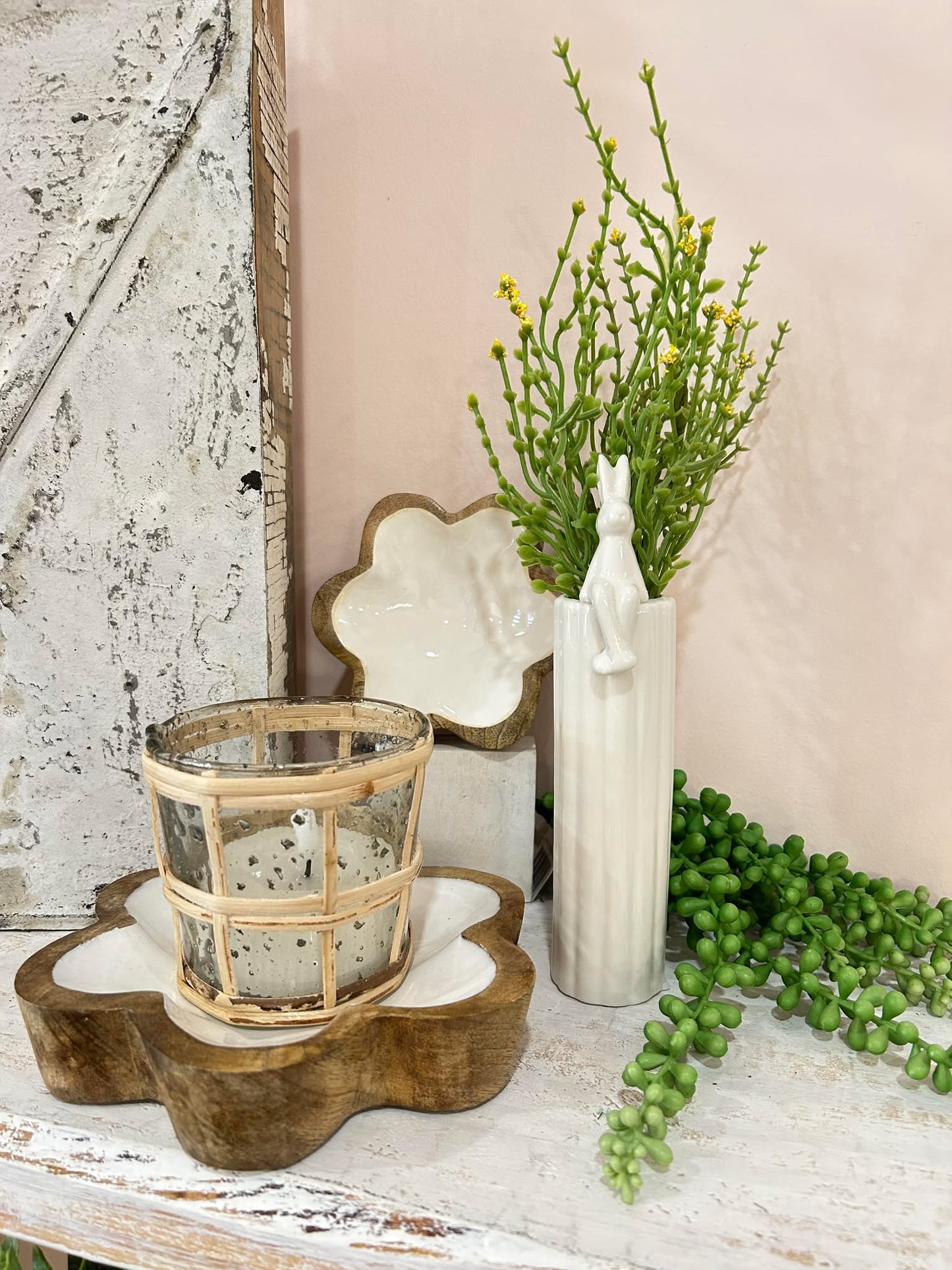 White Enamel and Wood Flower Tray
