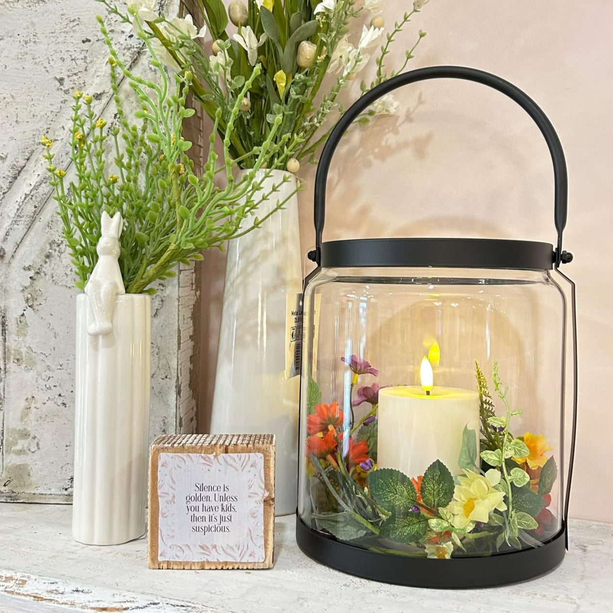 Glass Lantern with Faux Flame Pillar