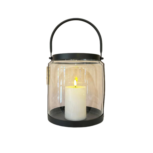 Glass Lantern with Faux Flame Pillar