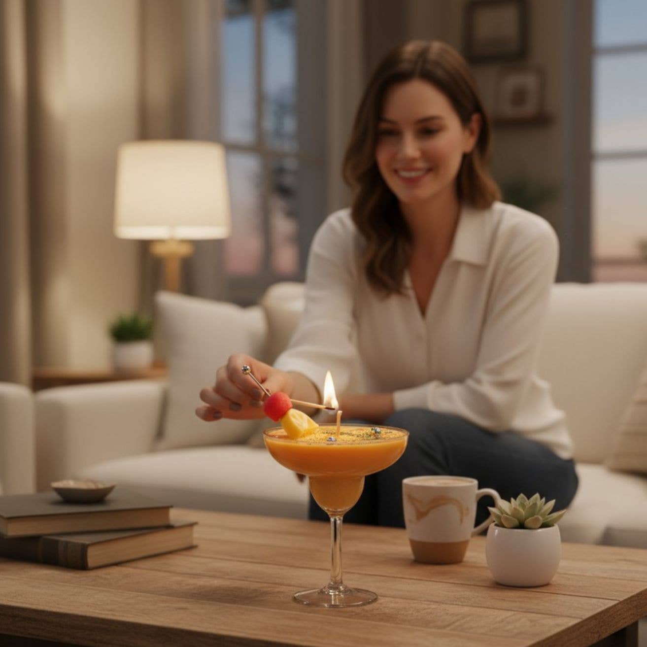 Lady holding match to light a margarita-themed candle