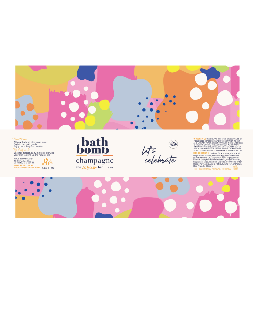 Colorful packaging for bath bombs with abstract patterns on a white background