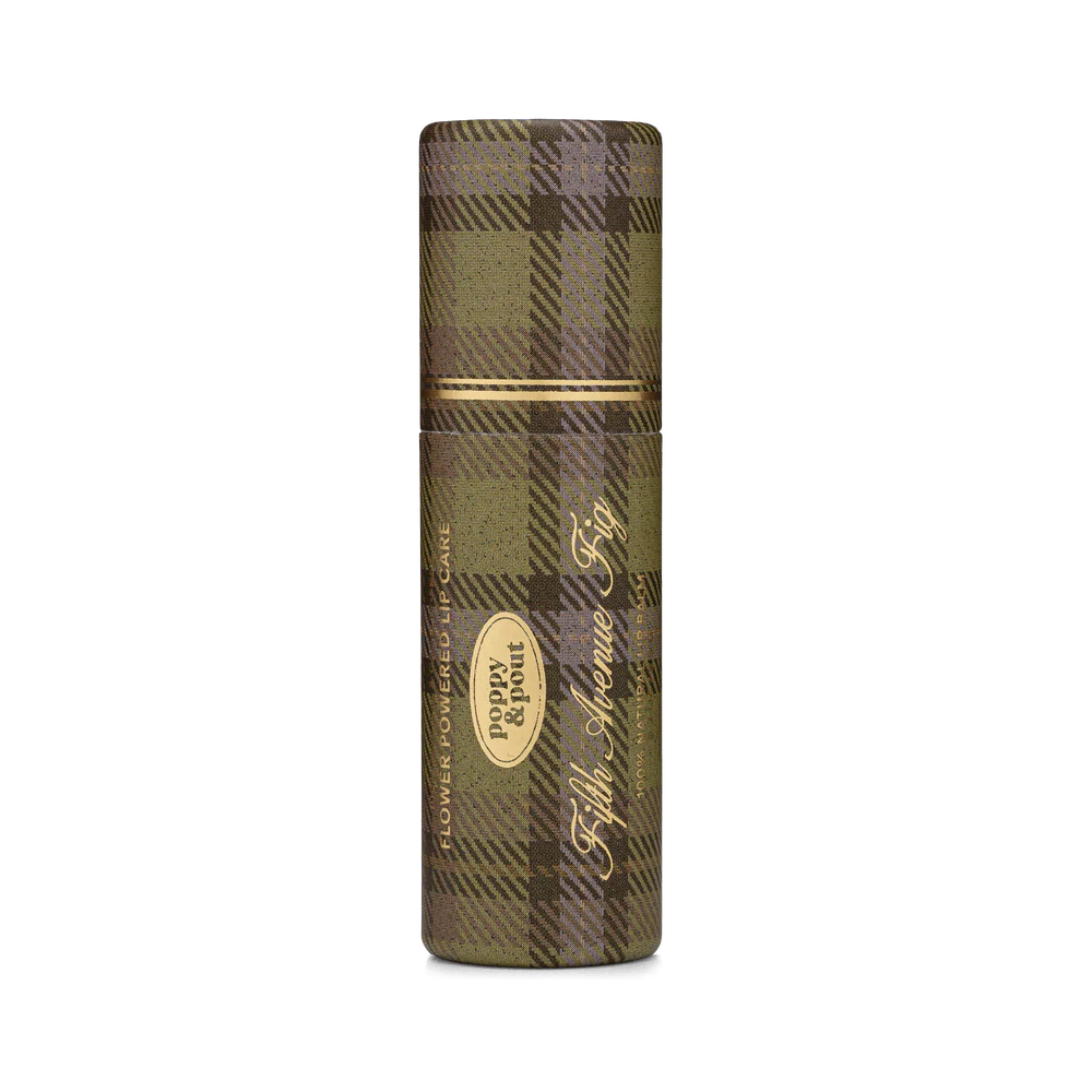 Lip balm with plaid packaging on a white background