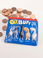 Blue coin purse with cat illustrations and text on a white background