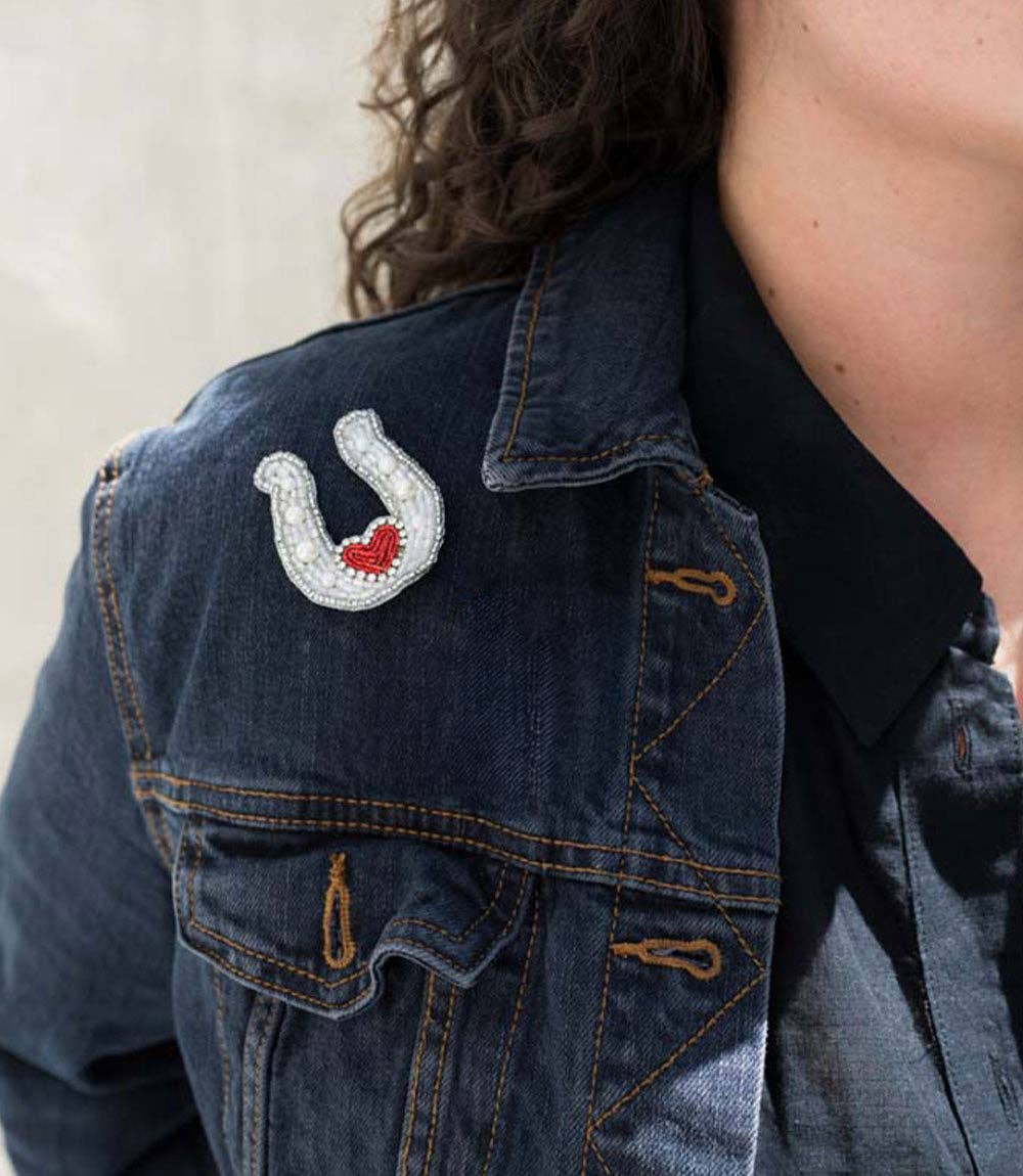 Bala Mani Beaded Horseshoe Brooch Pin - Handmade