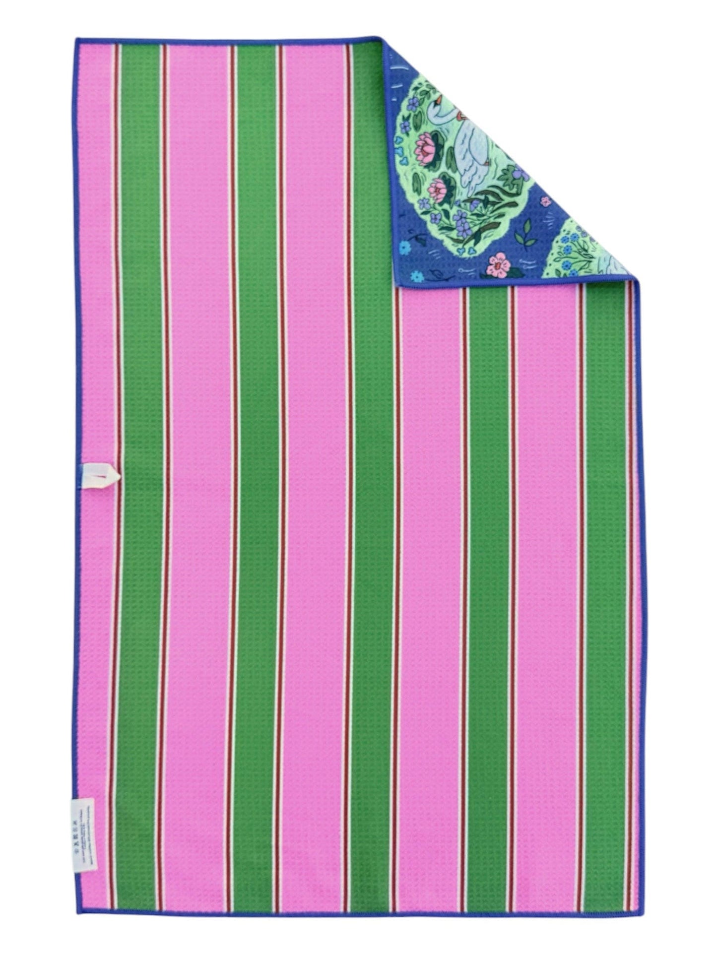 Striped pink and green blanket with a floral corner on a white background