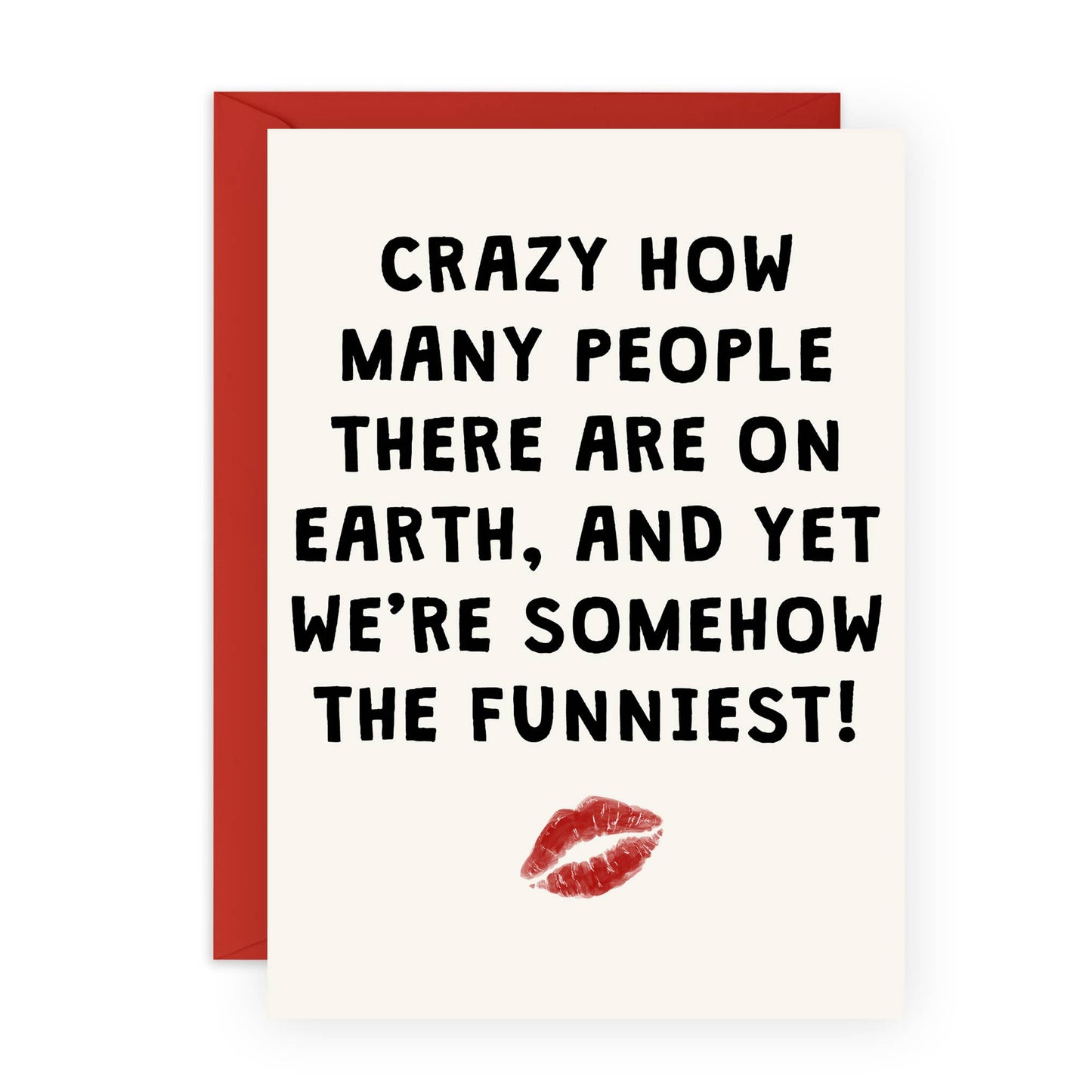 Card with humorous text and red lip print on a white background