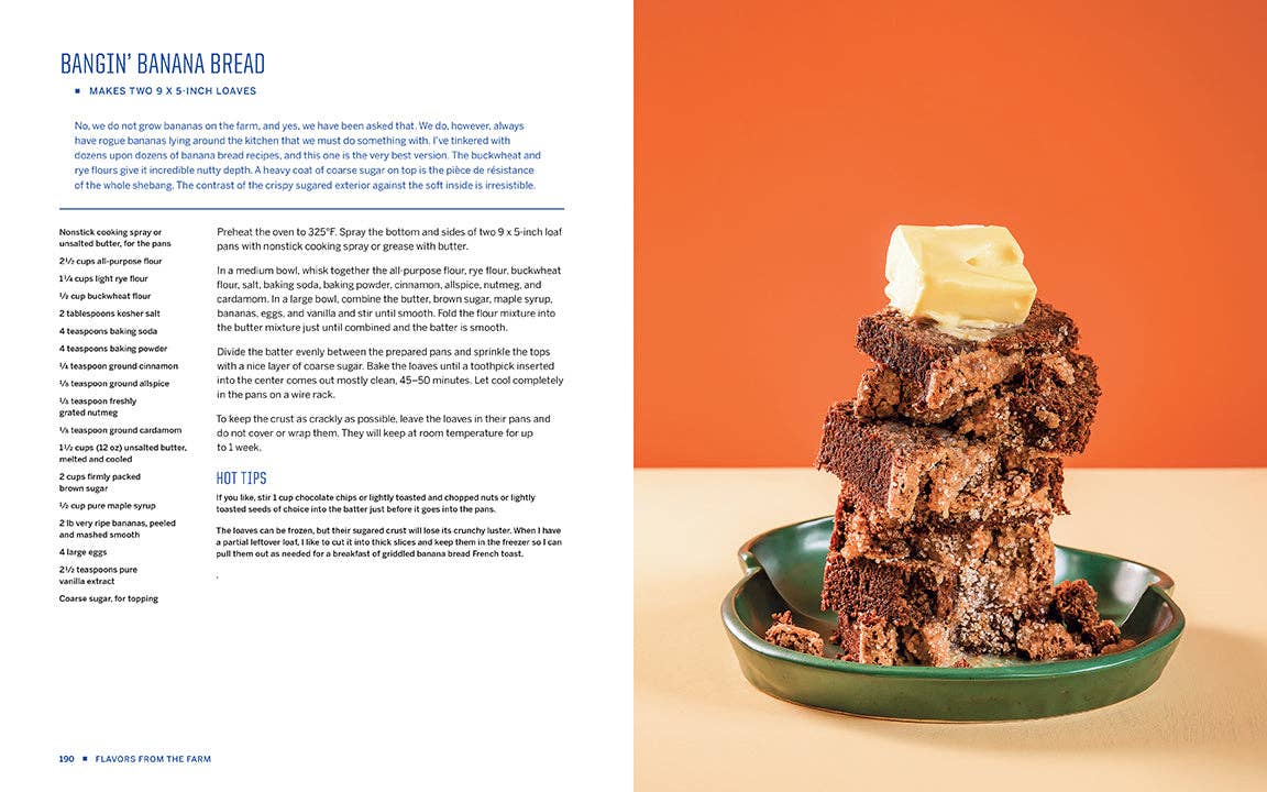 Stack of brownies on a green plate with a recipe on the left side against an orange background