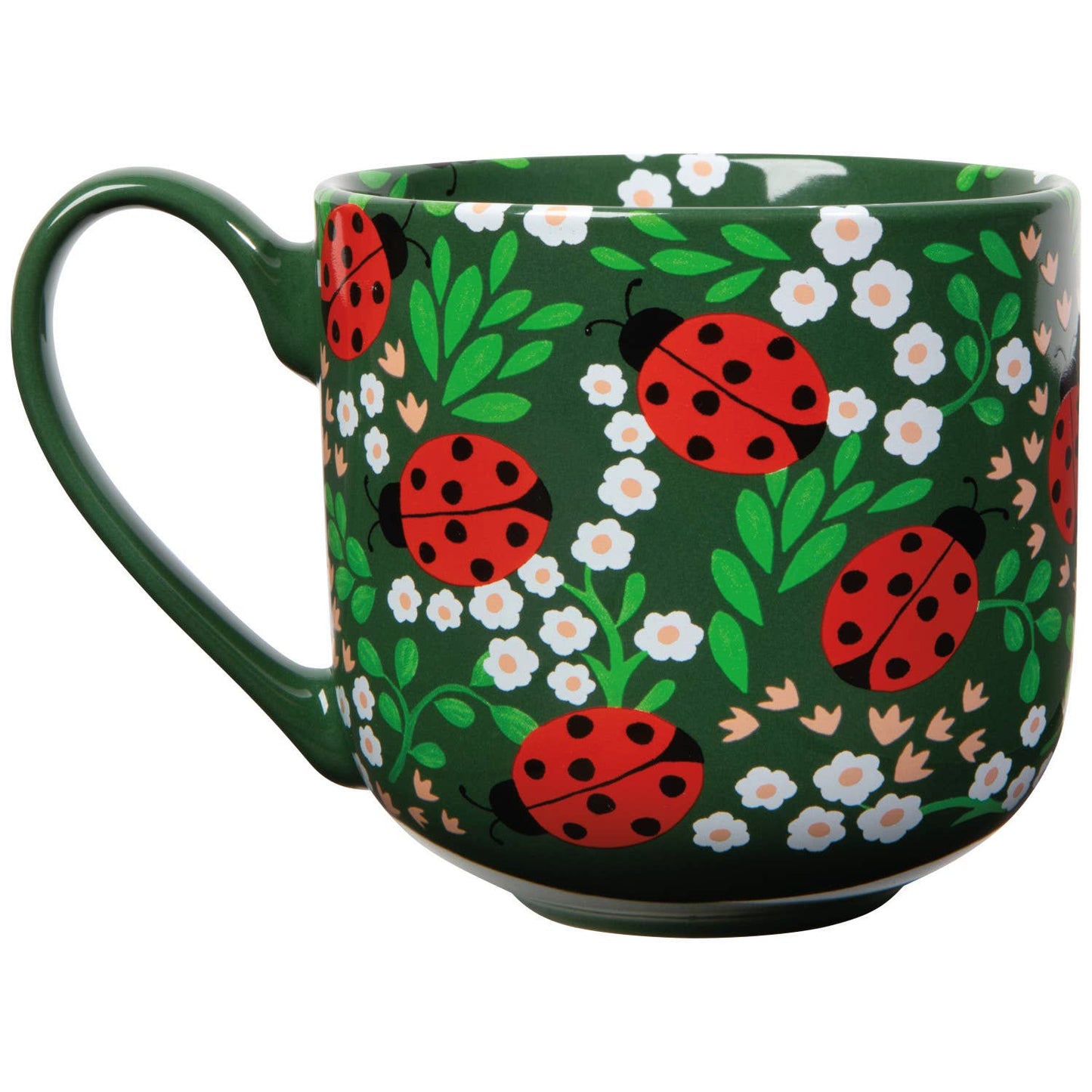 Green mug with red ladybug and white flower pattern on a white background