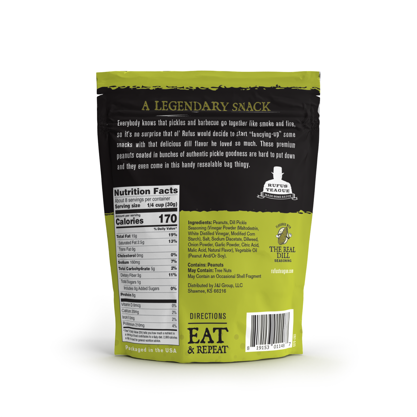 Back view of a snack package with text and branding on a white background
