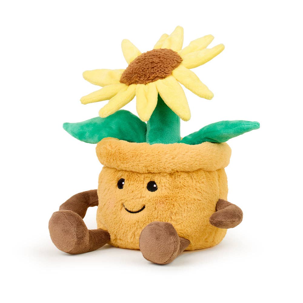 Plush sunflower pot Warmies with a smiling face on a white background