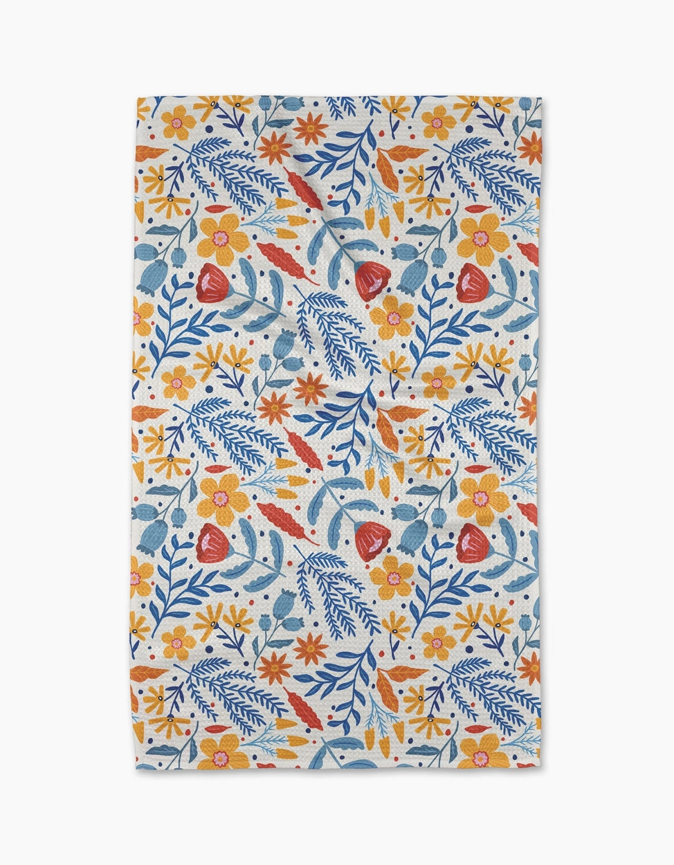 Floral patterned towel with blue, orange, and red colors on a white background