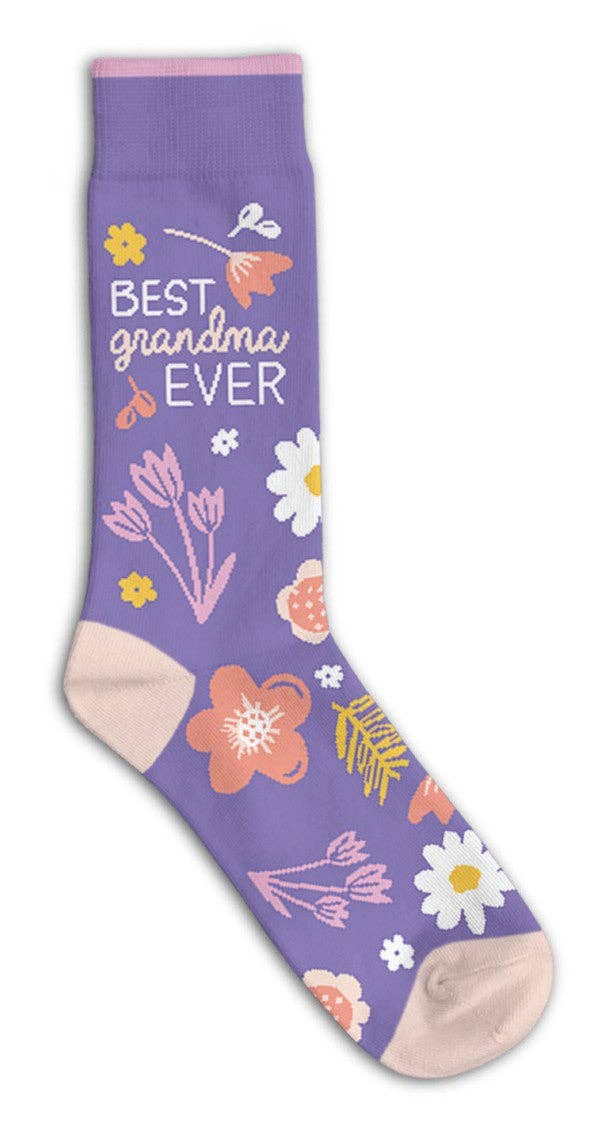 Purple sock with floral designs and 'Best Grandma Ever' text on a white background