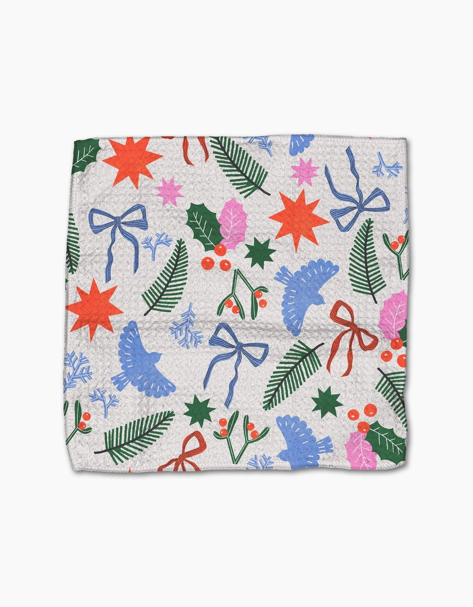 Fabric with Christmas-themed pattern featuring stars, bows, and holly leaves on a white background