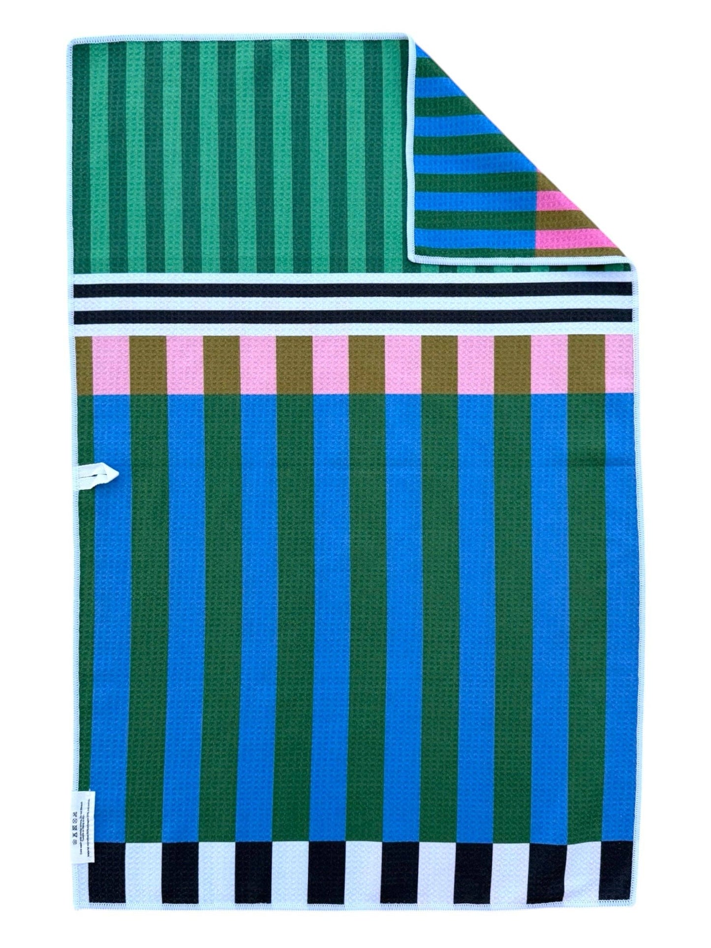 Striped fabric with green, blue, pink, and black patterns on a white background