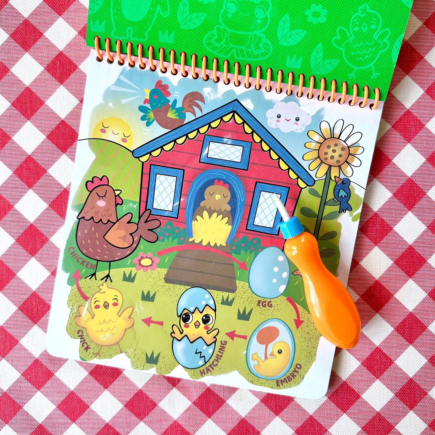 Children's educational toy with farm-themed stickers on a red and white checkered tablecloth.