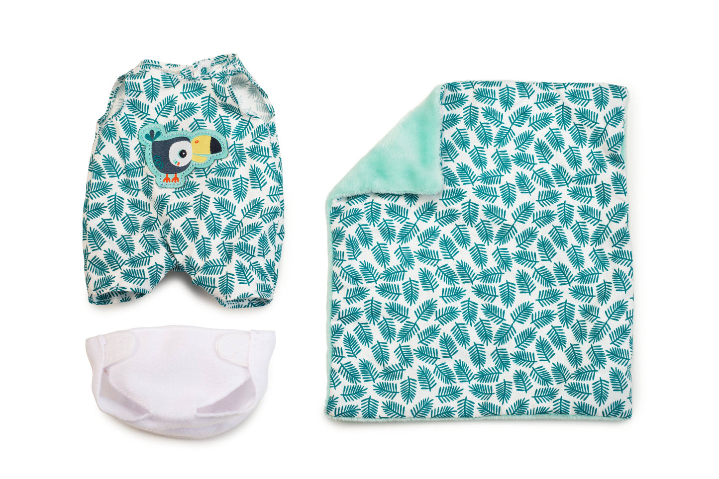 Baby hat, diaper, and blanket with leaf pattern on a white background