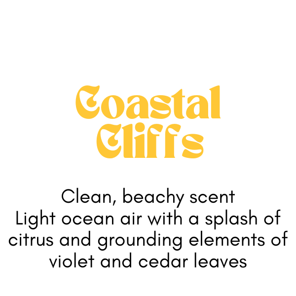 Scent description for Coastal Cliffs- Clean, beachy scent
Light ocean air with a splash of citrus and grounding elements of violet and cedar leaves