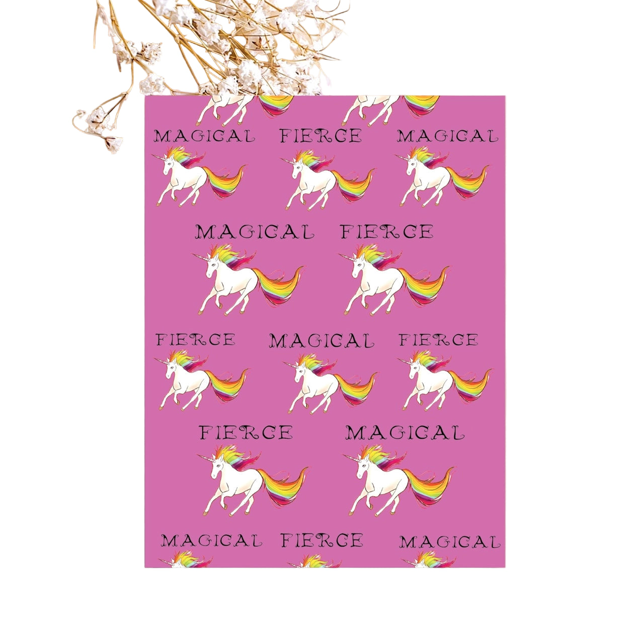 Card with unicorn illustrations and text on a pink background, surrounded by decorative elements.