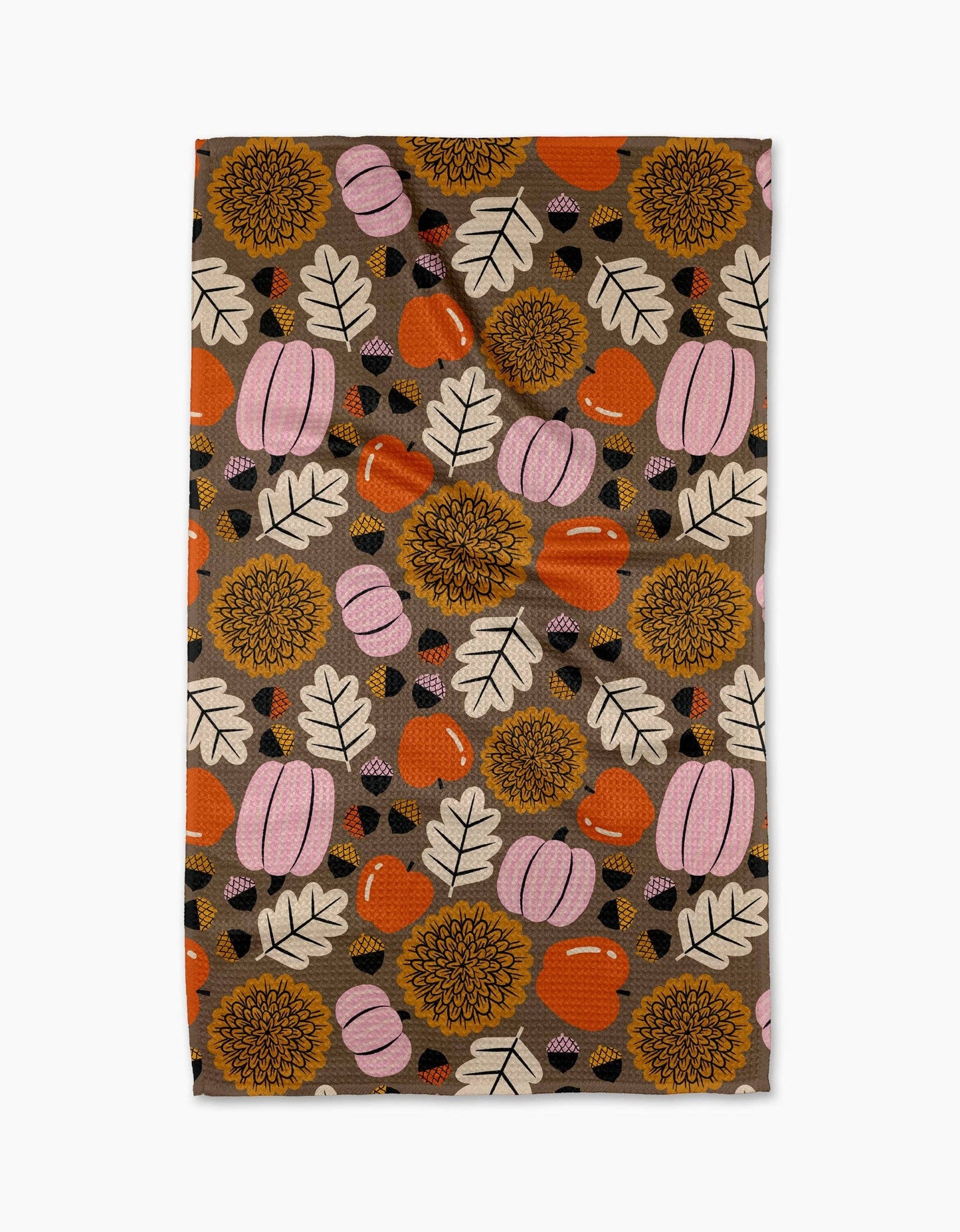 Patterned product with pumpkins, leaves, and flowers on a brown background