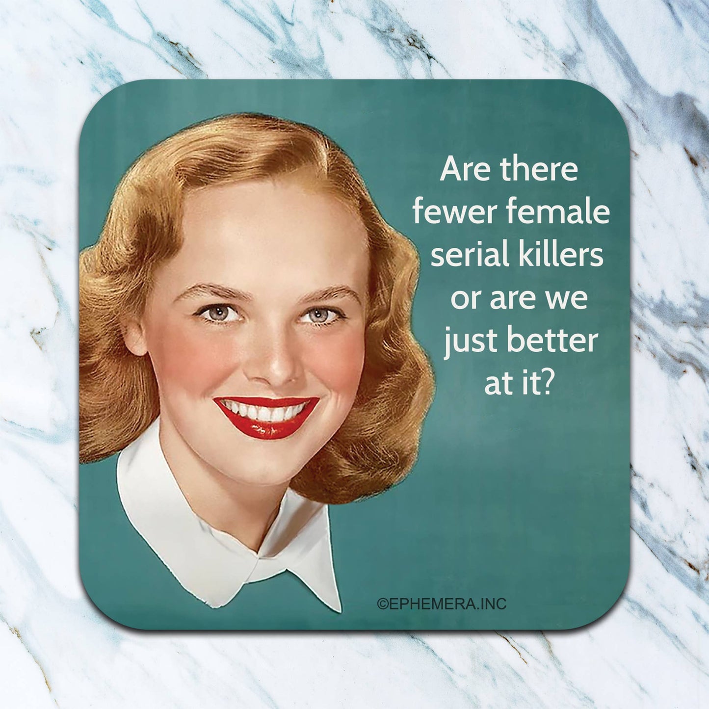 Coaster with vintage-style portrait of a woman and text on a marble background
