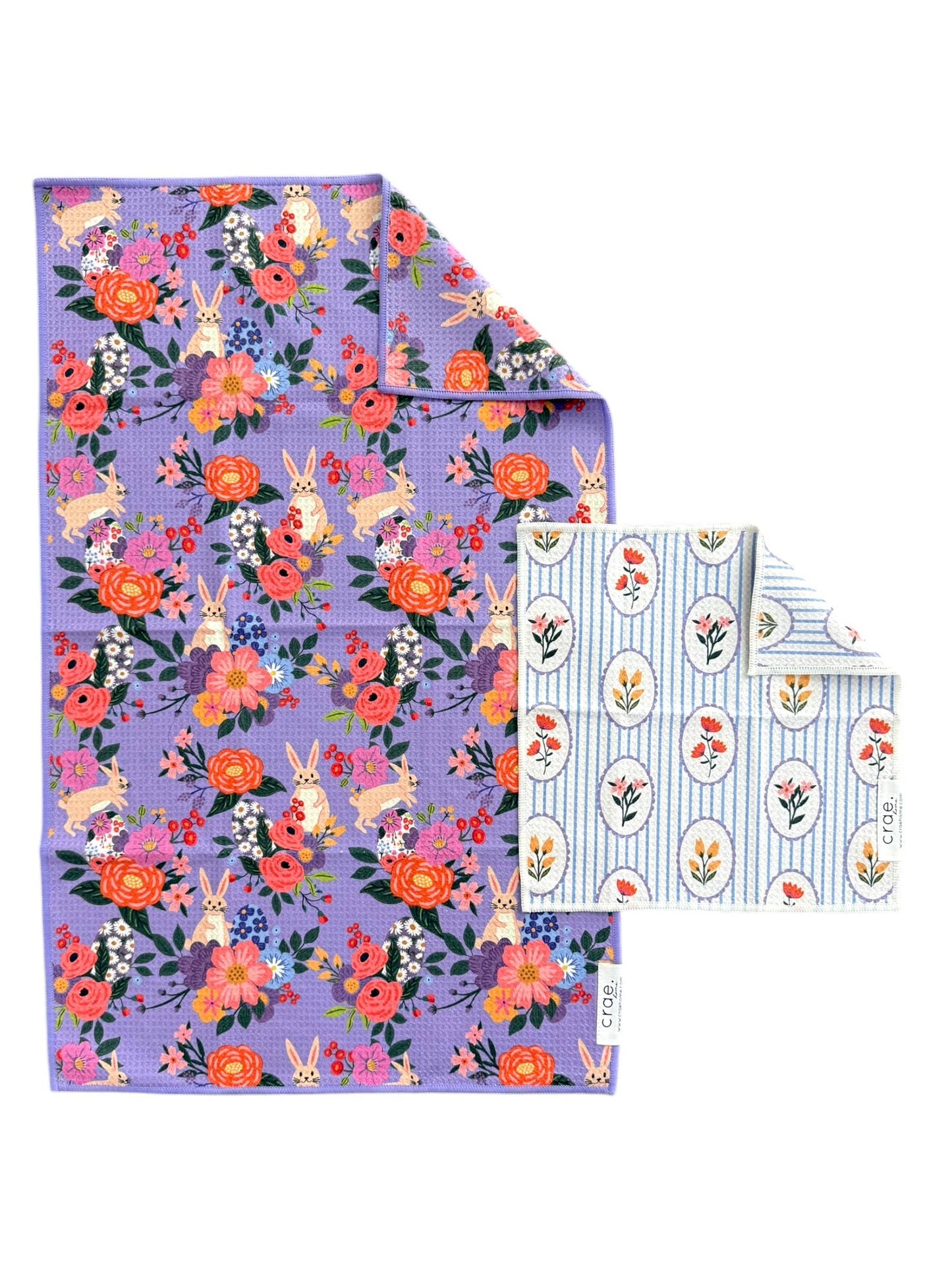 Fluffy Bunny & April Flowers: Double Sided-Hand/Kitchen Towel Washcloth Set