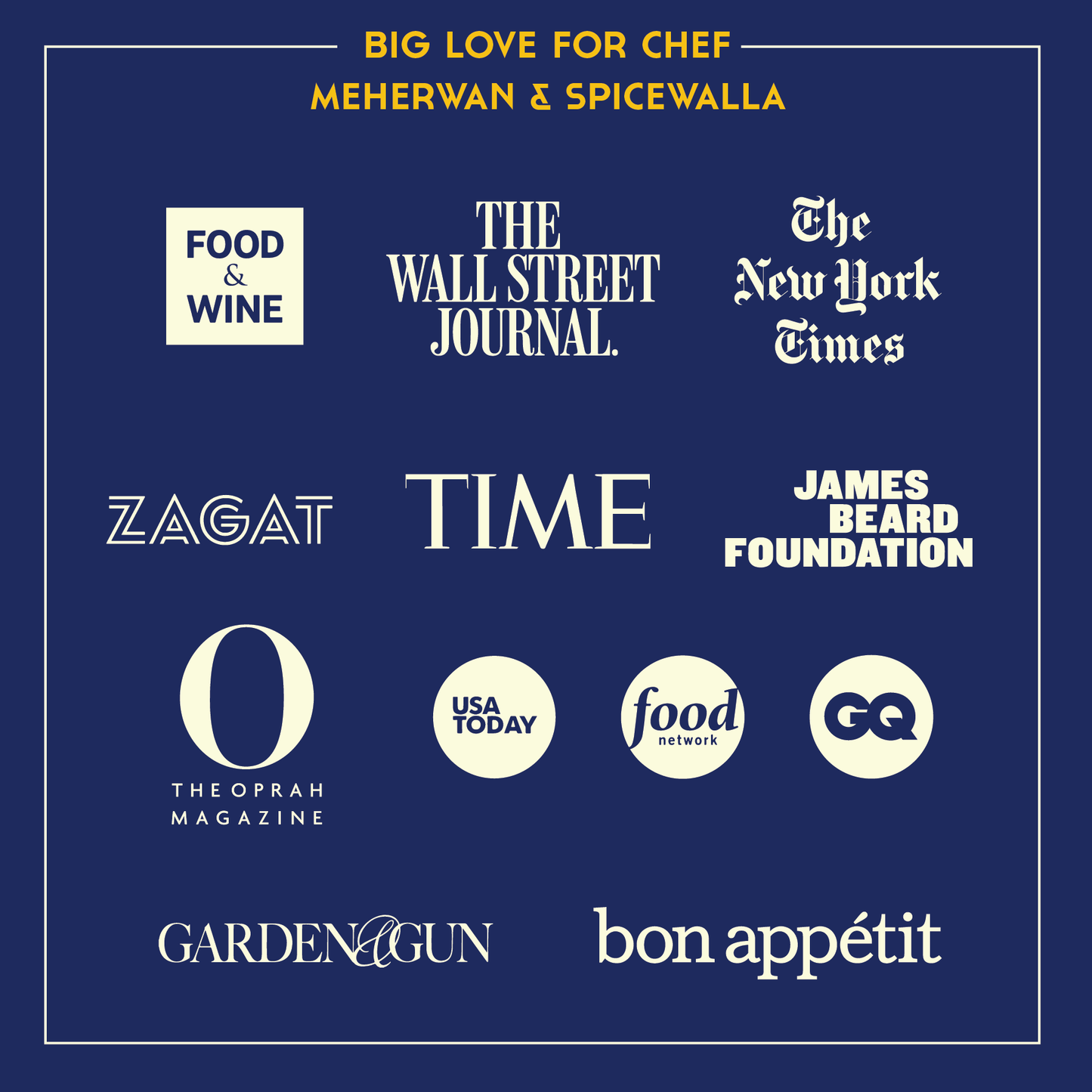 Logos of various media outlets on a blue background with text 'Big Love for Chef Meherwan & Spicewalla'.