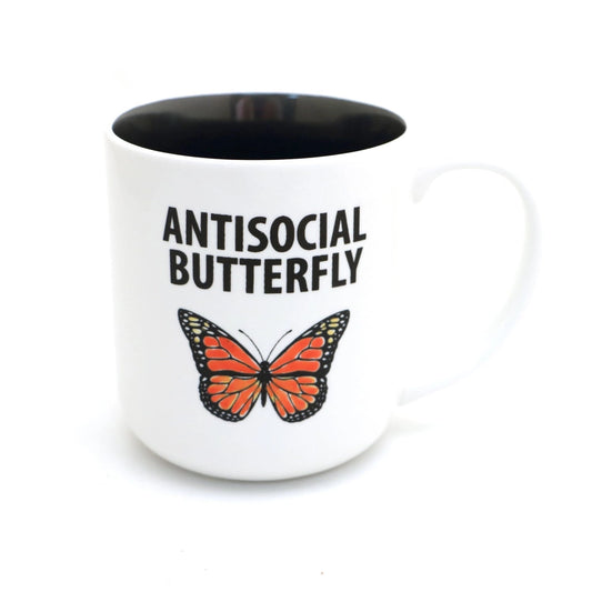 Black and white mug with monarch butterfly and the words antisocial butterfly