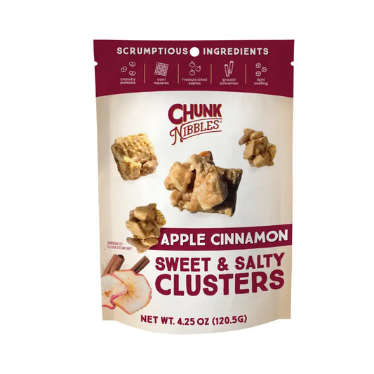 Package of Chunk Nibbles Apple Cinnamon Sweet & Salty Clusters on a white background
