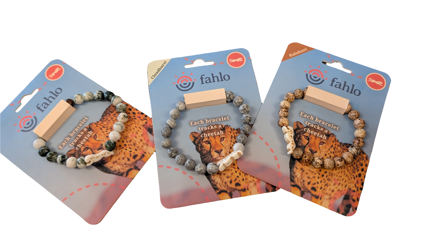 Three fahlo brand beaded bracelets with leopards on packaging against a white background