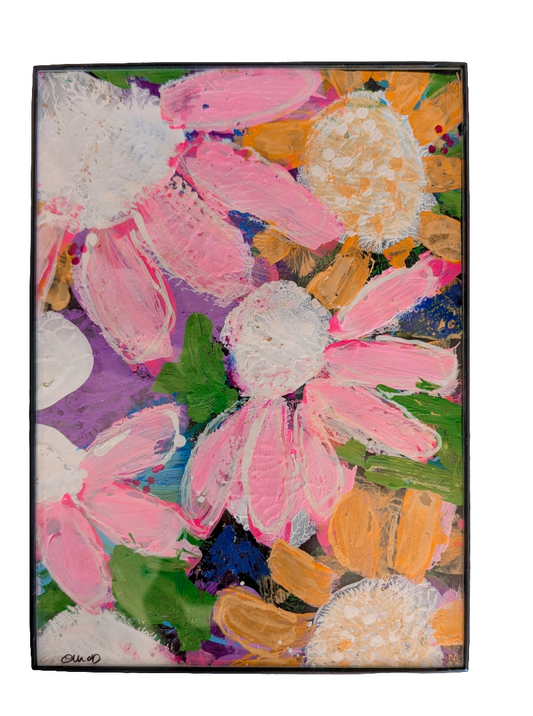 Pink Daisies,Yellow Sunflowers on Black Original Artwork by E.McD