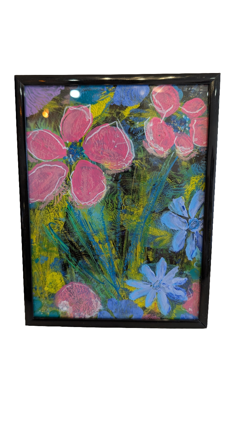 Pink Florals on Black Original Artwork by E.McD